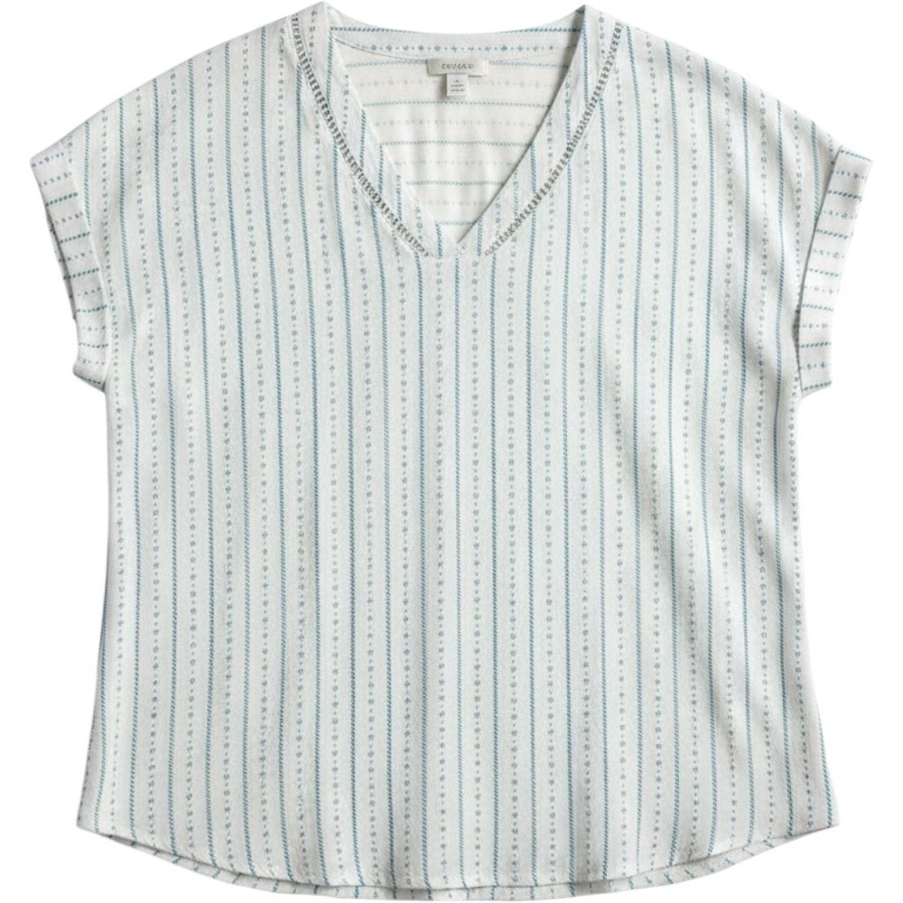 Flower & Feather Blouse Women 2XL White Striped V-Neck Tab Sleeve PTB7810Y